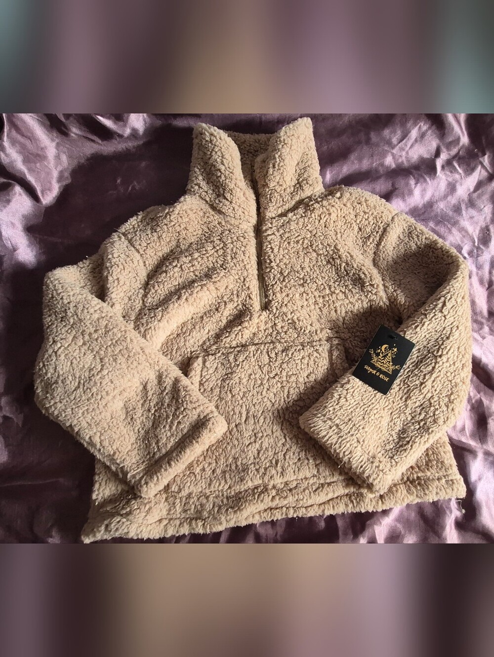 Sugar & Rose Sherpa Pullover Jacket Womens Size M Beige Teddy Fleece 1/4 Zip